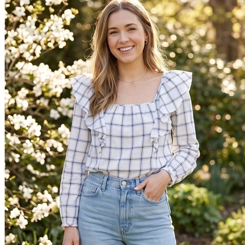 J. Crew M Re-Imagined Plaid Flannel Ruffle Square Neck Top White Medium NWT